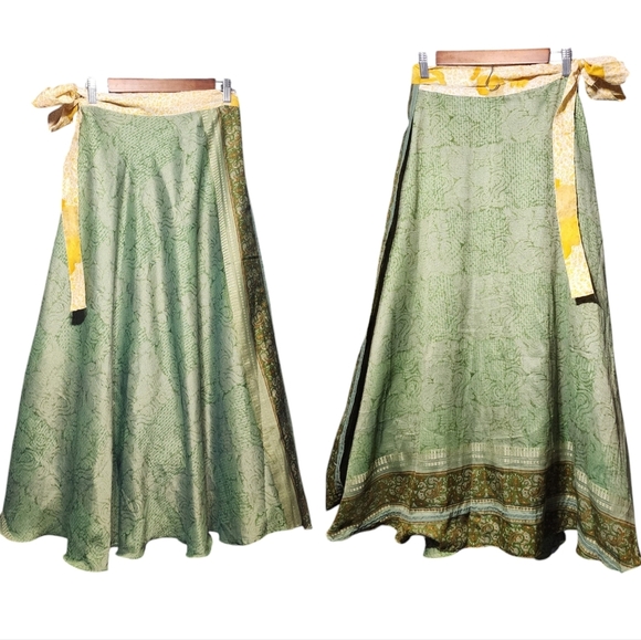 India Silky floral green and yellow wrap skirt - Picture 1 of 6